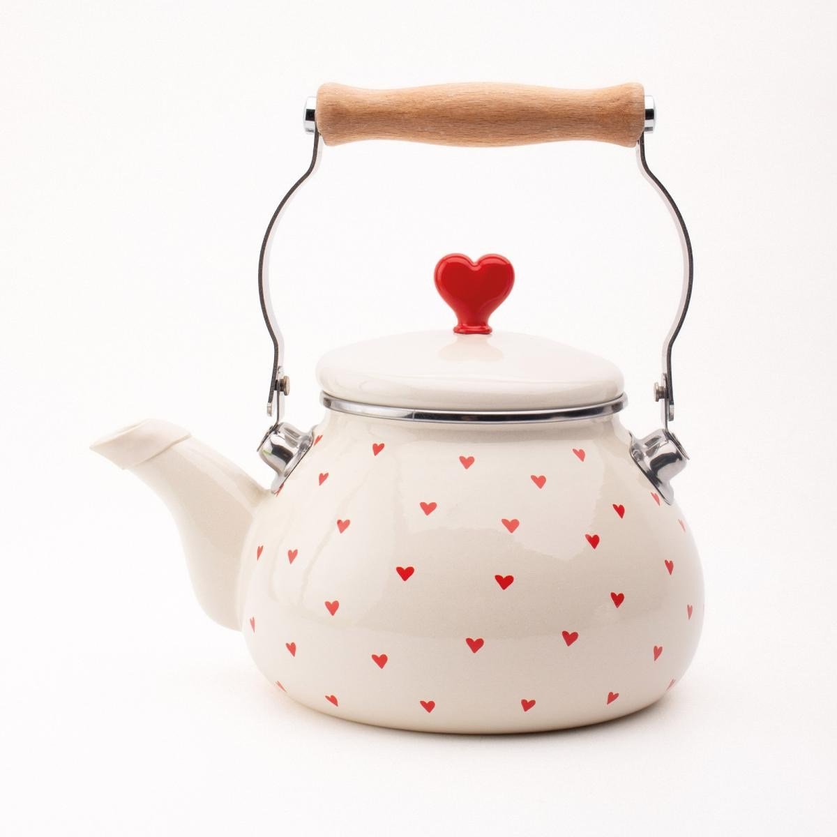 Emaylab Cupid Emaye Kalp Desenli Vintage Kettle - 2 Litre, Ocağa Koyulabilir, Emaye Su Isıtıcı Krem