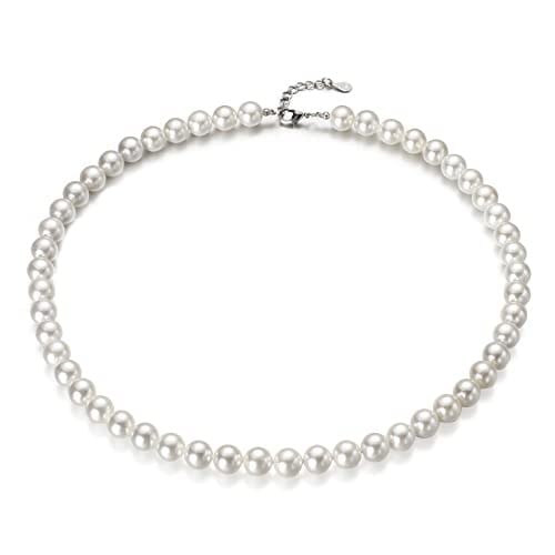 Emibele Shell Pearl Necklace for Women, Imitation Pearl Necklace 925 Sterling Silver Clasp White Round 8mm Pearl Choker Necklace Simulated Shell Pearls Chain with Extended Link Jewelry Gift for Her