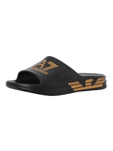 Emporio Armani EA7 Slider Crusher Distance con maxi logo, Erkek plaj/havuz terlik siyah/altın XBP008