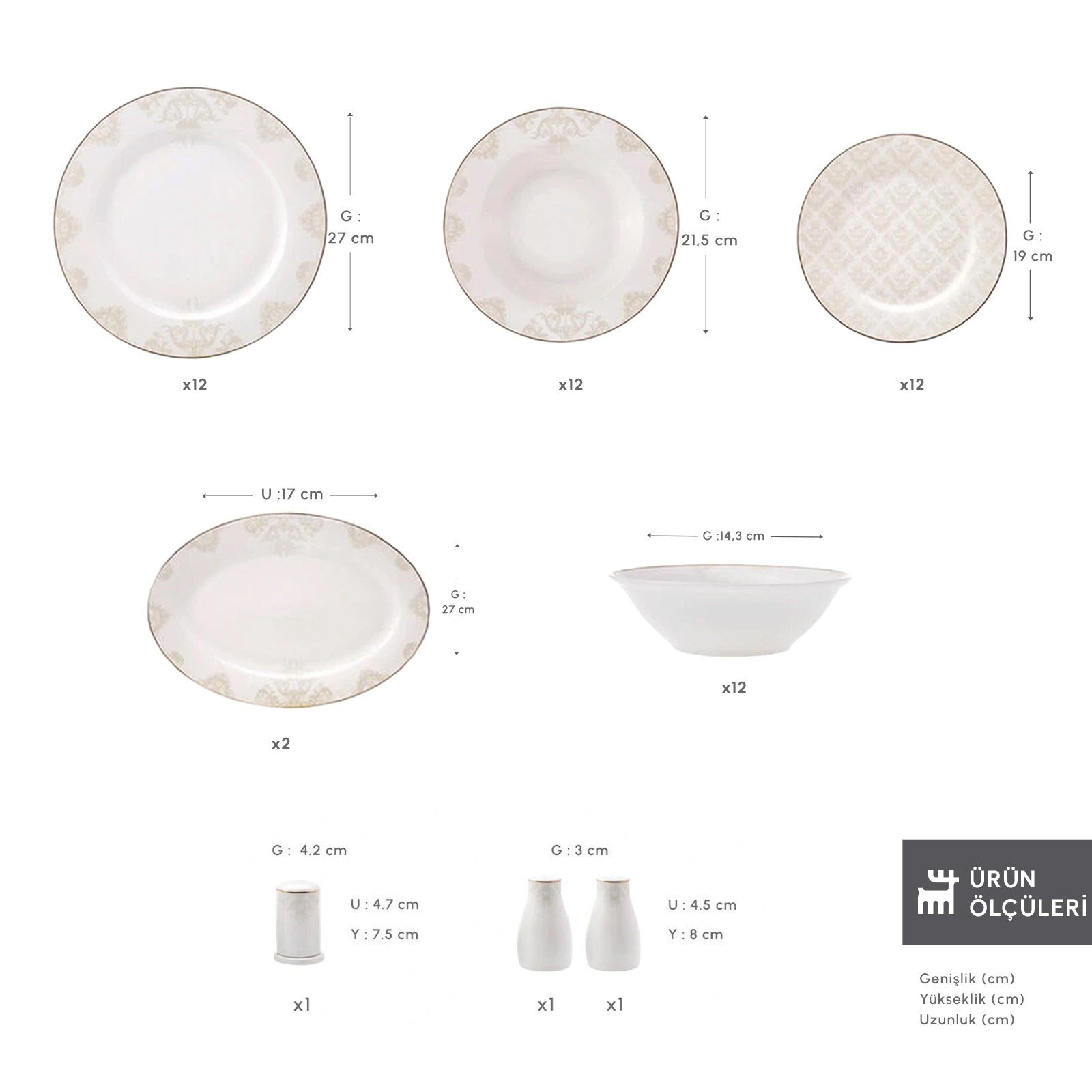 Emsan Elegance Bone Siena 53 Parça 12 Kişilik Yemek Takımı Gold