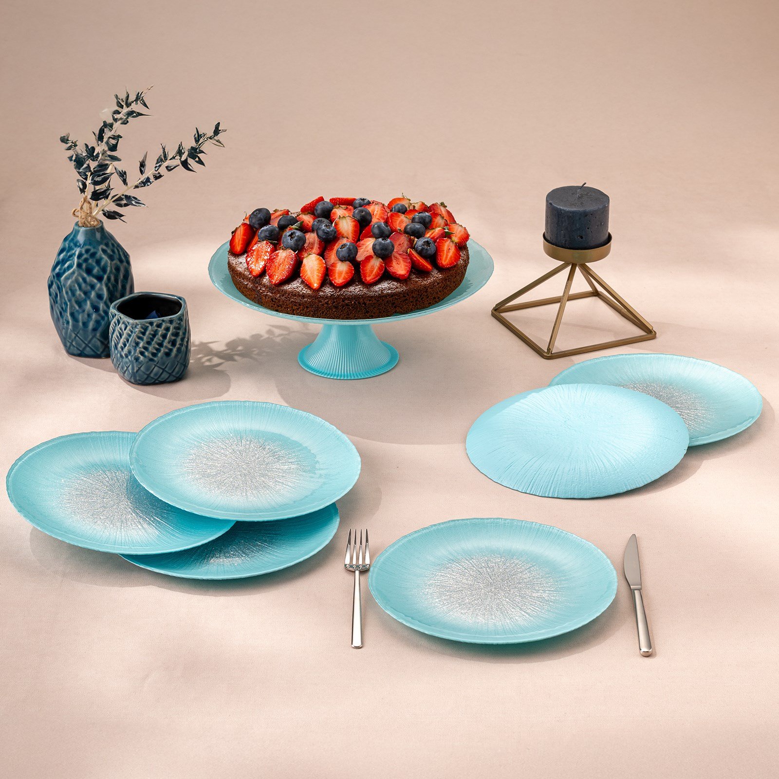 Emsan Pastel 7 Parça Cam Pasta / Tatlı Seti Mavi
