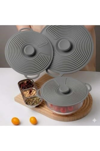 Evrensel 3'lü Tutma Saplı Silikon Tencere & Tava Kapak Seti, 20-23-28 cm, Toprak