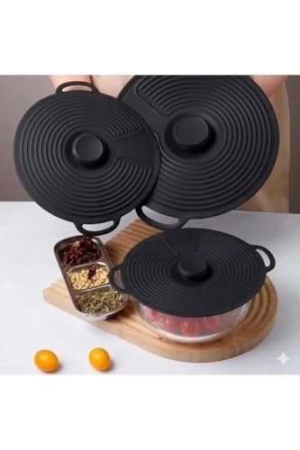 Evrensel 3'lü Tutma Saplı Silikon Tencere & Tava Kapak Seti, 20-23-28 cm, Siyah