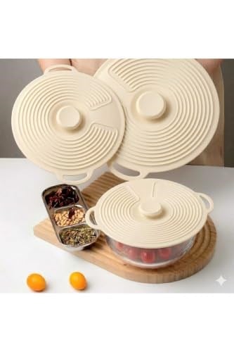Evrensel 3'lü Tutma Saplı Silikon Tencere & Tava Kapak Seti, 20-23-28 cm, Açık Krem