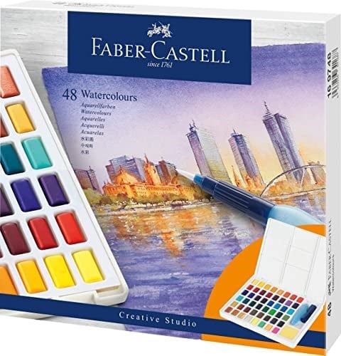 Faber-Castell Creative Studio Tablet Suluboya Seti, 48 Renk, Su Bazlı Pigment, Karıştırma Paleti ve Aksesuarlar ile, Taşınabilir Sanatsal Set | Karıştırma paleti, su tankı fırçası ve sünger, hobi ve y