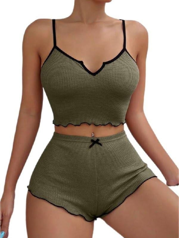 Fancy&Dancy Kadın Haki Renk Kaşkorse Kumaş Büstiyerli Pijama Takımı 005