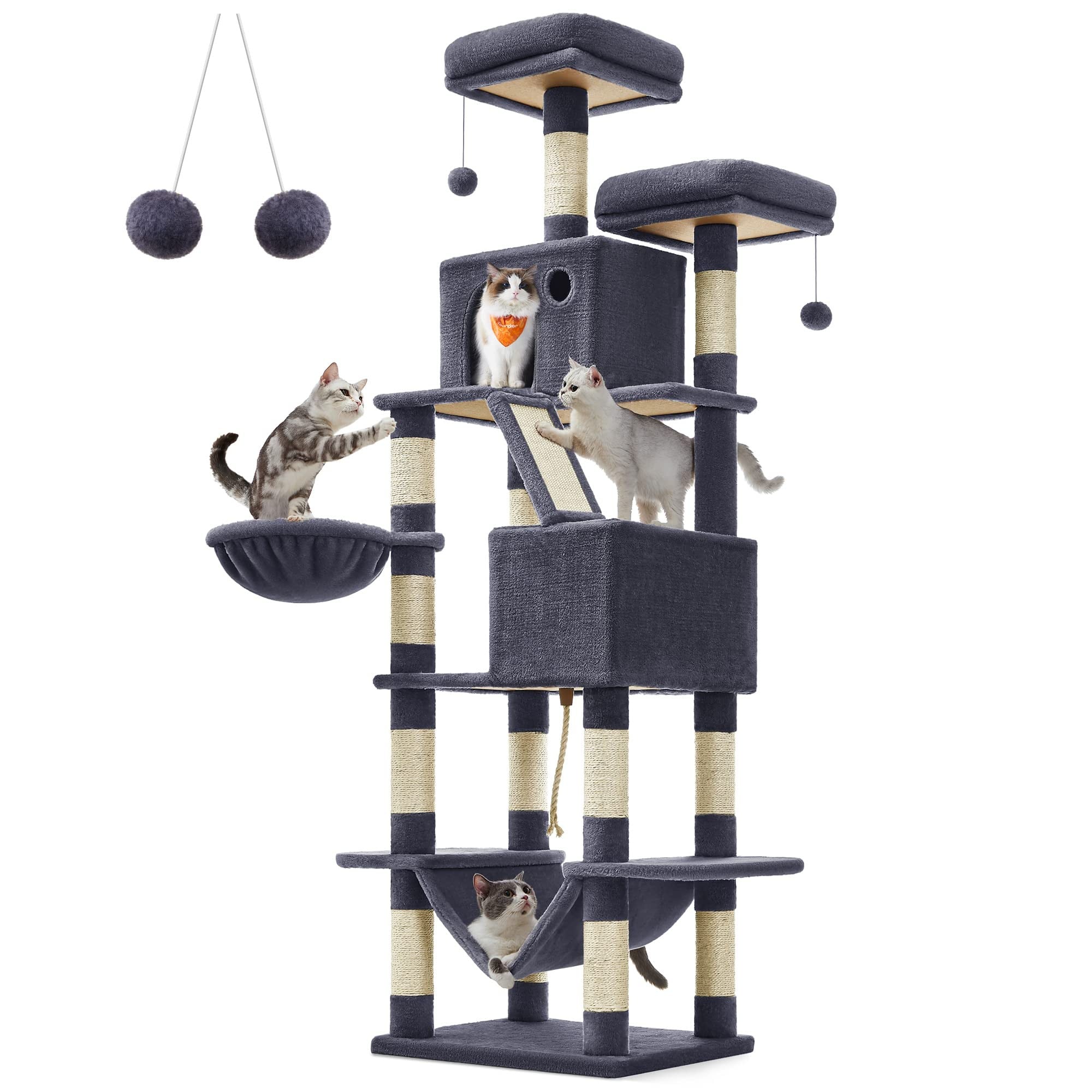 FEANDREA Kedi Ağacı, Büyük Oyun Kulesi, Yükseklik 206 cm, 13 Çizik Tahtası, 1 Çizik Tahtası, 2 Platform, 2 Niş, Sepet, Hamak, Pompon, Peluş Kumaş, Çok Seviyeli Koyu Gri