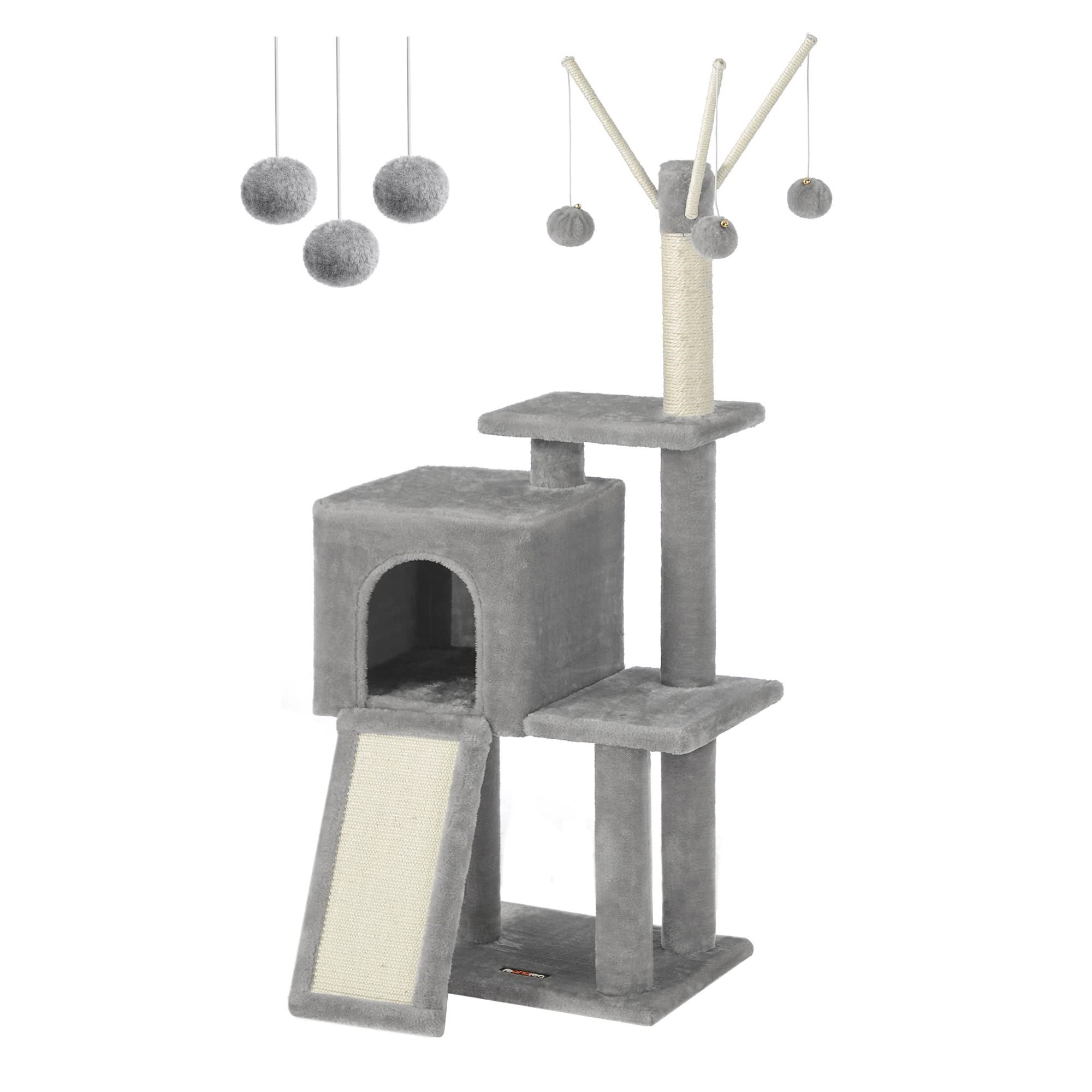 FEANDREA PCT143W01 kedi ağacı, tırmalama tahtalı, 3 çıkarılabilir ponpon çubuğu, 118 cm, açık gri