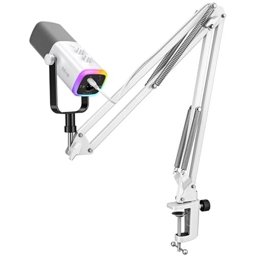 FIFINE Oyun XLR/USB Mikrofon Seti, PC/PS5 için Akış Dinamik Mikrofon Seti, Vokal Podcast Kayıt Seslendirmesi için Bilgisayar Mikrofonu, Kulaklık Jakı, Kazanç Düğmesi, Kol Standı-AmpliGame AM8T Beyaz