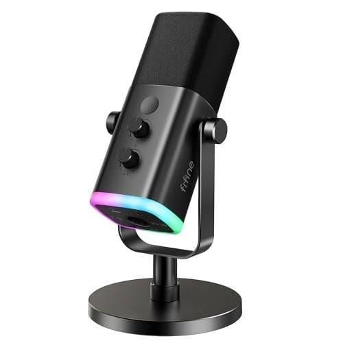 FIFINE USB/XLR Dinamik Mikrofon, Podcast Kayıt için, RGB Işıklı PC Bilgisayar Oyun Akış Mikrofonu, Sessiz Düğme, Kulaklık Jakı, Masaüstü Standı, Şarkı Söylemek için Vokal Mikrofon YouTube-AmpliGame