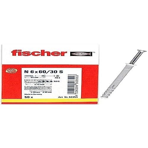 fischer Çivi dübeli 6 x 60/30 S, galvanizli havşa başlı vidalı yüksek kaliteli naylon dübel (50 adet), beton, tuğla ve doğal taşta sabitleme sırasında optimum tutuş için dübeller