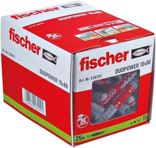 Fischer Duopower 10 X 80 Evrensel Dübel, Asma Dolapları, Beton, Duvar Rafları, Plaka Yapı Malzemeleri Vb. Sabitlemek İçin. -25 Adet Ürün No. 538242, Gri