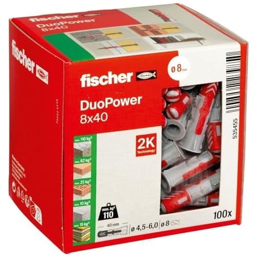 fischer DuoPower 8 x 40, evrensel dübel, güçlü 2 bileşenli dübel, beton, tuğla, taş, alçı yapı plakaları vb. sabitlemek için plastik dübel, vidasız, 100 adet
