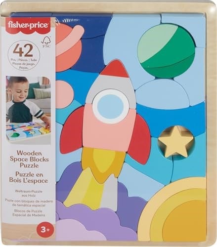 Fisher-Price 3 yaş ve üzeri çocuklar için üst üste dizip sıralayabilecekleri 42 ahşap parçadan oluşan Uzay Temalı Ahşap Yapboz Blokları, HXY42