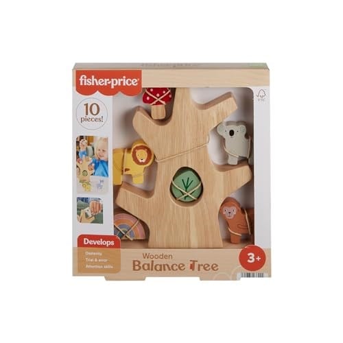 Fisher-Price 3 yaş ve üzeri çocuklar için gelişime yardımcı 10 parçalı üst üste dizilebilir Ahşap Denge Ağacı, HXT87