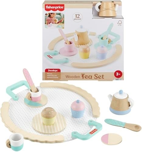 Fisher-Price Ahşap Çay Seti Okul öncesi çağdaki çocuklar için 12 ahşap parçadan oluşan Fisher-Price Ahşap Çay Partisi Seti HXT82