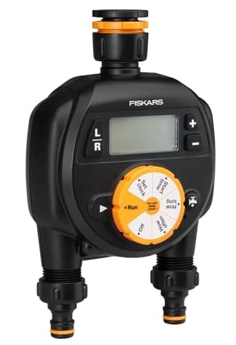 Fiskars 2 çıkışlı zamanlayıcı/zamanlayıcı, tüm standart musluk boyutları için, kolay okunabilir LCD ekran, evrensel boyut, 580 g, siyah/turuncu, 1054792