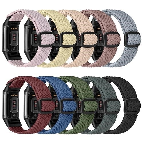 Fitbit Charge ile Uyumlu 10'lu Paket Örgülü Esnek Ayarlanabilir Kayışlar Kadın Erkek için 5 Bantlar, Şarj için Spor Elastik Naylon Kumaş Bileklikler 5