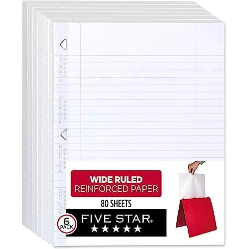 Five Star Gevşek Yaprak Kağıt, 6'lı Paket, 3 Delikli Delgeç Defter Kağıdı, Güçlendirilmiş Geniş Çizgili Dolgu Kağıdı, Mürekkep Kanamasıyla Mücadele, 8