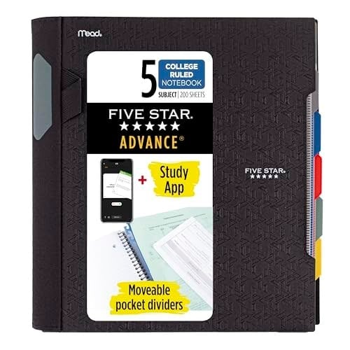 Five Star Modern spiral not defteri, 5 bölme, orta genişlikte, çizgili kağıt, 2 yaprak, renk değişebilir (6326) 1 birim siyah