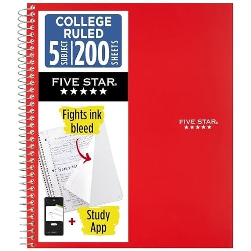 Five Star Spiral Defter + Çalışma Uygulaması, 5 Konu, Kolej Çizgili Kağıt, Mürekkep Kanamasıyla Mücadele, Suya Dayanıklı Kapak, 200 Yaprak, Kırmızı (72077)