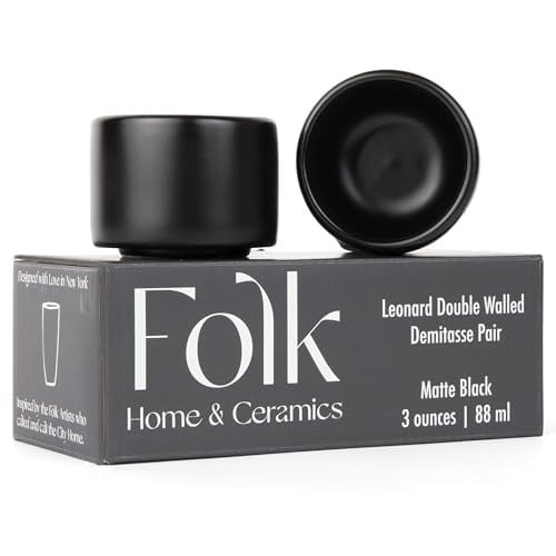Folk Ceramics Leonard Seramik Espresso Bardakları | 2'li Set, 85 ml, Mat Siyah | Espresso için Modern İstiflenebilir Demitasse Kupalar | Kalın Duvarlı, Sapsız, Dayanıklı, Bulaşık Makinesi ve