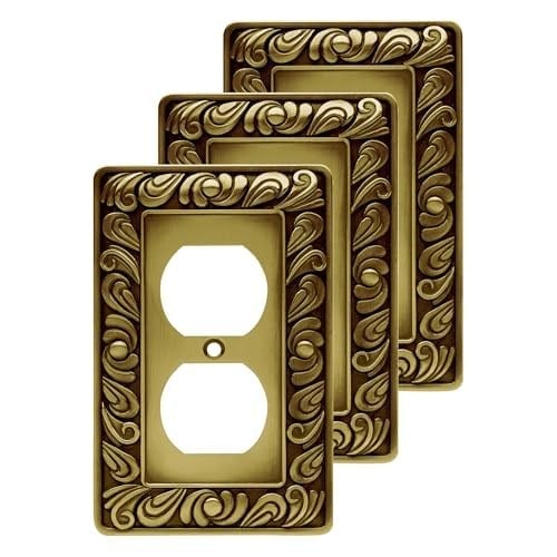 Franklin Brass Paisley Duvar Plakası, Eskitme Antik Pirinç Tek Dubleks Anahtar Kapağı, 3'lü Paket, W10110V-ABT-R