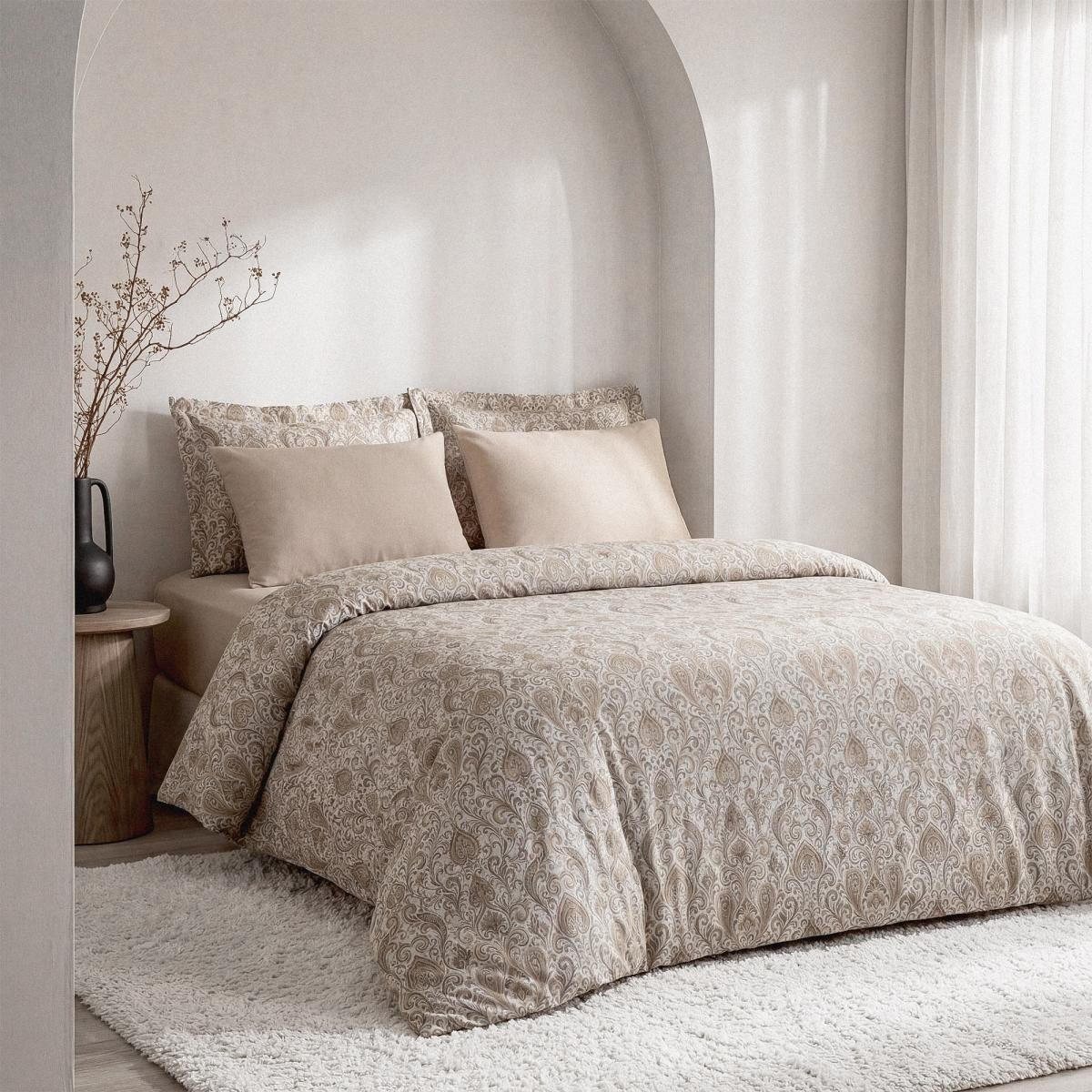 Green Black Serena Zarif Denge Çift Kişilik %100 Ege Pamuğu Nevresim Takımı - Çarşaflı - 4 Yastıklı Bej
