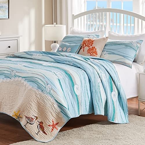 Greenland Home Maui İşlemeli Sahil Yorgan ve Yastık Kılıfı Seti, Tam/Kraliçe (5 Parça), Mavi