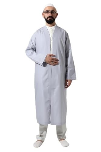 Gri Erkek Namaz Elbisesi V Yaka Düğmesiz Önü Açık Namaz Cübbesi