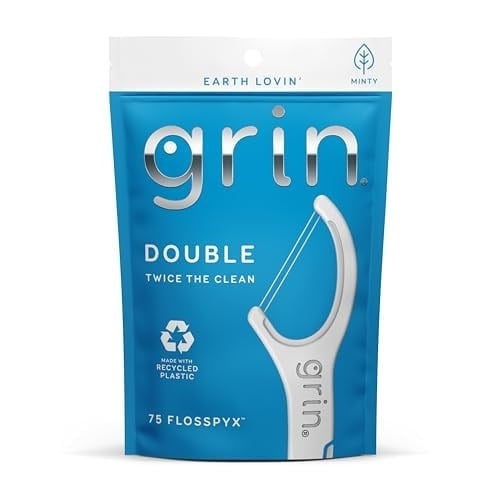 GRIN Çift Flosspyx, Diş İpi Seçimleri, 75 Sayı, Diş Yüzgeçleri, Nane Lezzeti, Geri Dönüşümlü Plastik, 2 Hatlı Güçlü Diş İpi, Daha Uzun Diş İpi Kafası, Yiyecek ve Plak Tuzakları, Güvenli Yumuşak