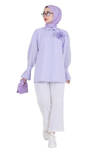 Gül Broşlu Kolu Fırfırlı Tunik-Lila