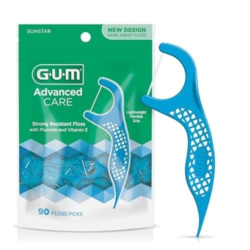 GUM - 888DF Advanced Care Flossers, Fresh Mint Dental String Floss Picks, E Vitamini ve Florür, 90 Adet