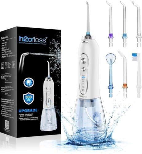 H2ofloss Şarjlı Kablosuz Ağız Duşu, Hızlı ve Etkili Diş Arası Temizliği – 300 ml Su Hazneli, 5 Modlu, 6 Başlıklı, IPX7 Su Geçirmez, Diş Taşı Temizliği (Beyaz)