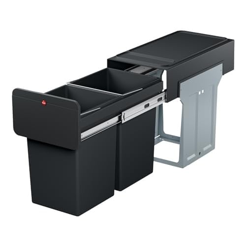 Hailo EcoLine Design L Gömme Çöp Ayırma Sistemi | 2 x 14 L | 28 L | Duo Çöp Ayırıcı Teleskopik Raylar Üzerinde Tam Çekmeli | Çıkarılabilir Kapak, Raflı | Çelik sac | Almanya'da üretilmiştir | Siyah