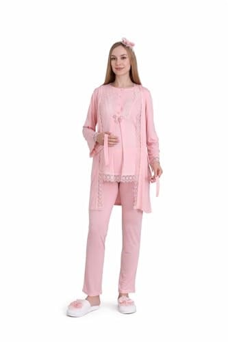 Hamile Pijama Takımı, Düğmeli Dantel Detaylı, Pamuklu, Emzirmeye Uygun, 3'lü Paket-(3430)