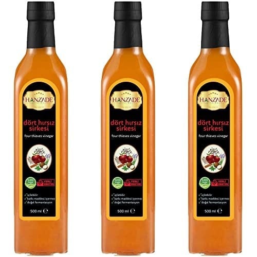 Hanzade Bitkisel Dört Hırsız Sirkesi 500 ML x 3 Adet Doğal Fermantasyon İçilebilir Katkısız Cam Şişe