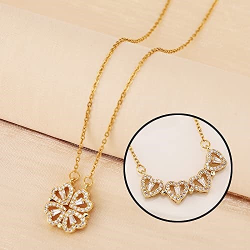 Happy Trend Dört Yapraklı Katlanabilir Çelik Zirkon Taşlı Yonca Kolye, Açılınca 4 lü Kalp olan 2'si 1 Arada Gold