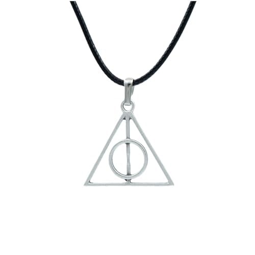 Harry Potter Ölüm Yadigarları Üçgen Deri ip Kolye - Gümüş Kaplama - Kadın Erkek Kolye - No:896