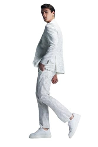 Hatemoğlu Beyaz Slim Fit Çizgili Kruvaze Keten Takım Elbise