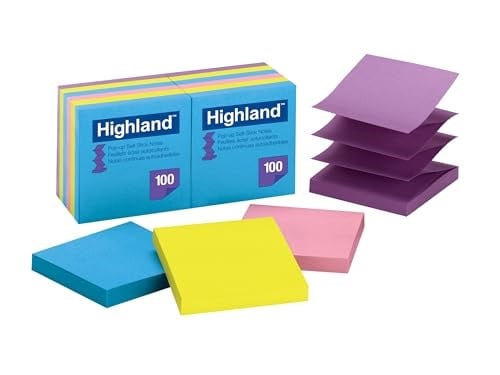 Highland Pop-up-notlar, 7,6 x 7,6 cm, farklı parlak renkler, 12 adet