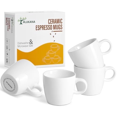 Hlukana Porselen Espresso Bardak Seti 4, 4 oz Küçük Kahve Kupaları, Espresso Makinesi ve Kahve Makinesi için Mükemmel Beyaz Demitasse Bardakları, Mikrodalga Bulaşık Makinesinde Yıkanabilir Espresso