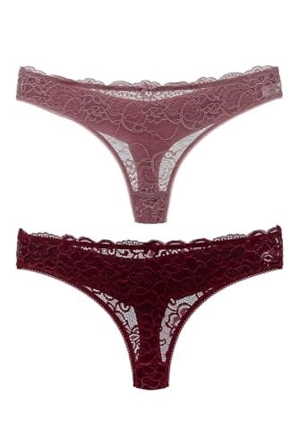 HNX UNDERWEAR 2'li Önü Dantel Arkası Çift Kat Pamuklu Tanga Kadın Külot Pudra Mor XL hnxNM7601