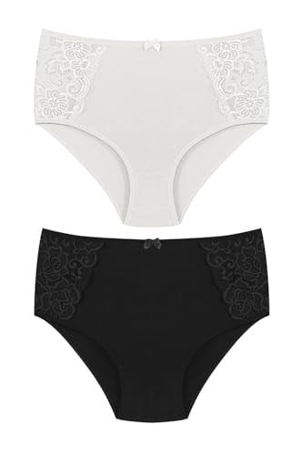 HNX UNDERWEAR 2'li Yüksek Bel Büyük Beden Yanları Dantel Detaylı Pamuklu Bato Kadın Külot Siyah Ekru 2XL hnxNM2248