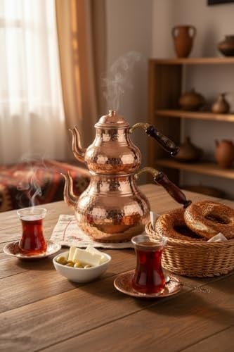 Home Gaziantep El Kabartmalı Bakır Çaydanlık Takımı, 2,6 Lt Toplam Hacim, Alt 14,5cm Üst 10,5cm, Ahşap Kulplu, Ağır Bakır