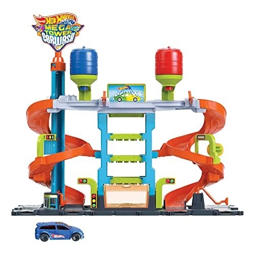 Hot Wheels Mega Araba Yıkama Kulesi Hot Wheels™ City Mega Araba Yıkama ile 1 adet Renk Değiştiren Arabalar™ aracı, çocuklar için oyuncak HDP05