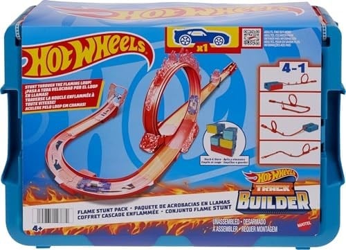 Hot Wheels Track Builder Alev Temalı Akrobasi Seti ve 1 adet araba, birleştirilebilir oyuncak saklama kutusunda 16 adet pist oluşturma ve akrobasi parçası, HMC04