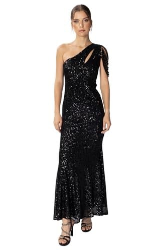 HOX'S Helen | Payetli Tek Omuz Maxi Balık Abiye Elbise Asimetrik Yaka Cut Out Göğüs Dekolteli