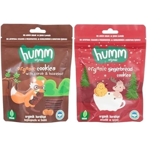 Humm Organic Keçiboynuzlu Fındıklı Vegan Kurabiye 1 Paket(55 Gr x 1 Adet) ve Humm Organic Organik Zencefilli Tarçınlı Vegan Kurabiye 1 Paket(55 Gr x 1 Adet)