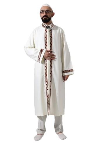 İhvan Online Krem Erkek Namaz Elbisesi Bordo Desen İşlemeli Hakim Yaka İmam Cübbesi